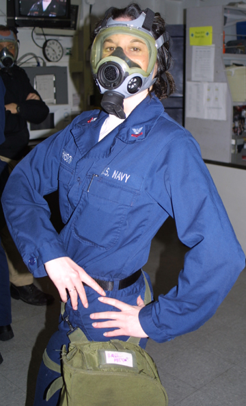 Beth in her chem-war gear aboard the Nimitz